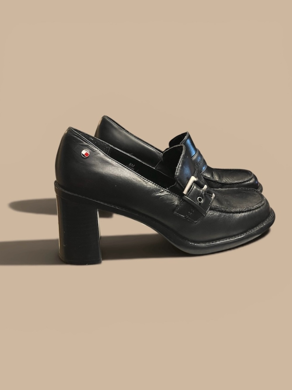 Tommy Hilfiger Vintage Heeled Loafers Black Leather Buckle Block Heel Size 8